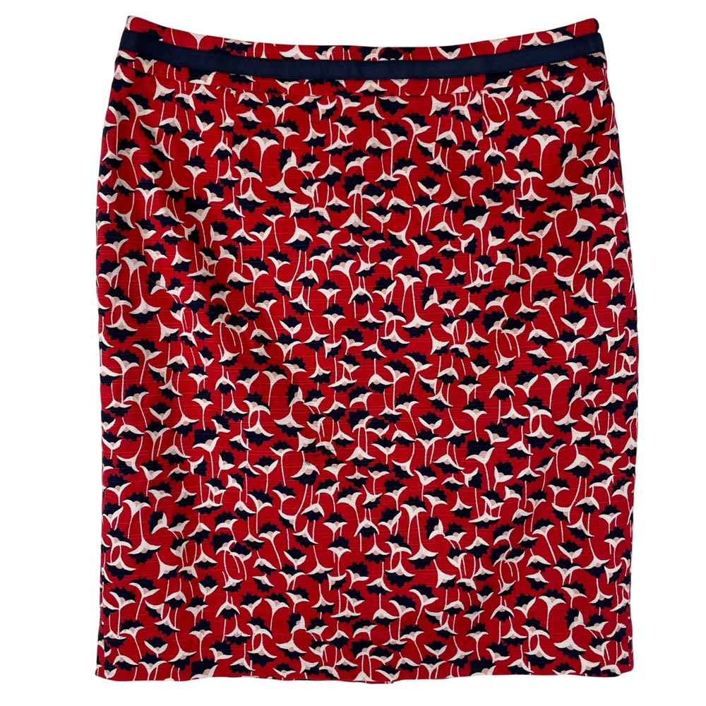 Boden Red Navy Floral Tulip Print Cotton Blend Pencil Skirt 8P SC9038